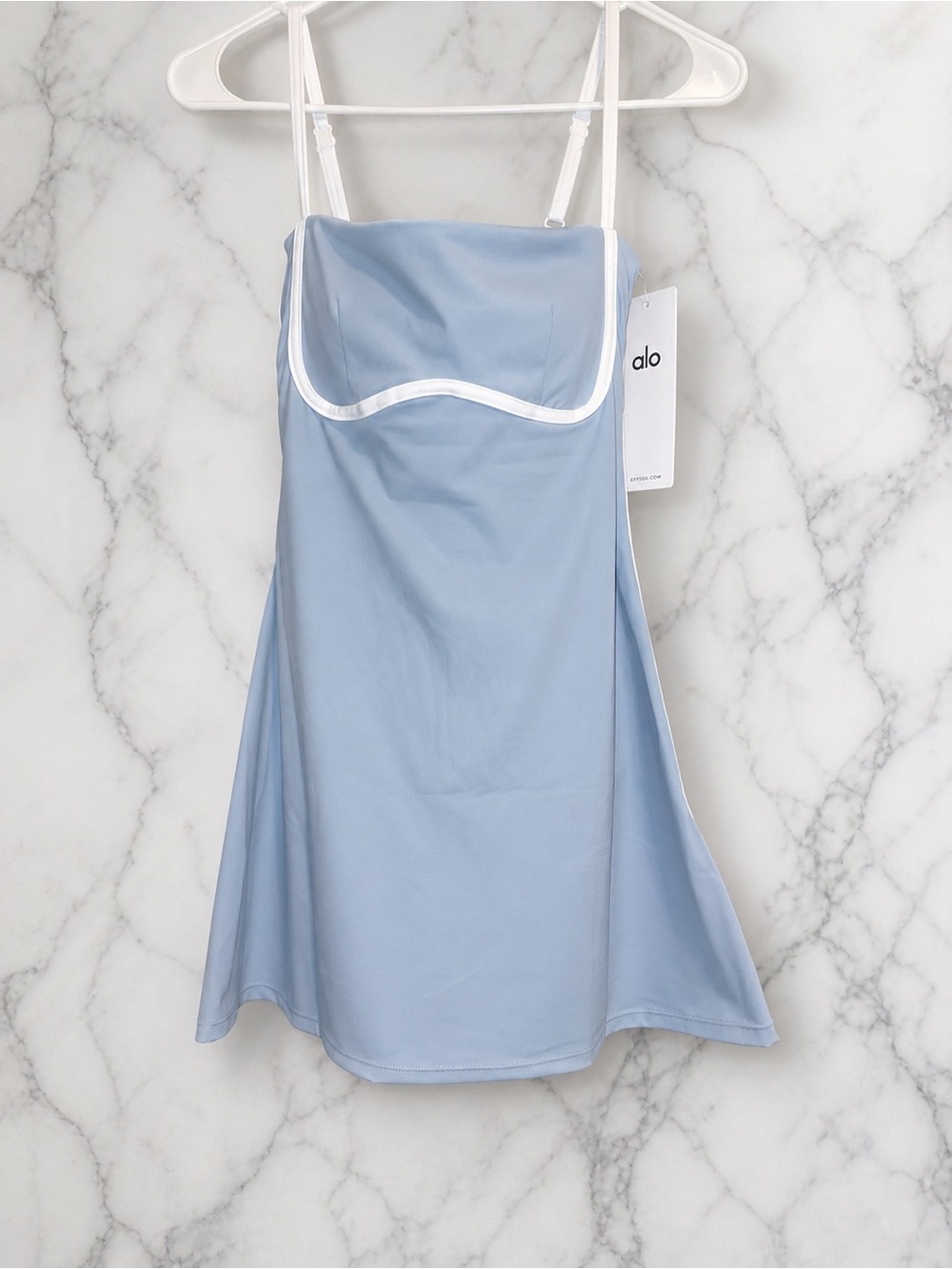 ALO Yoga Light Blue Mini Dress with White Trim. Shorts under with pockets